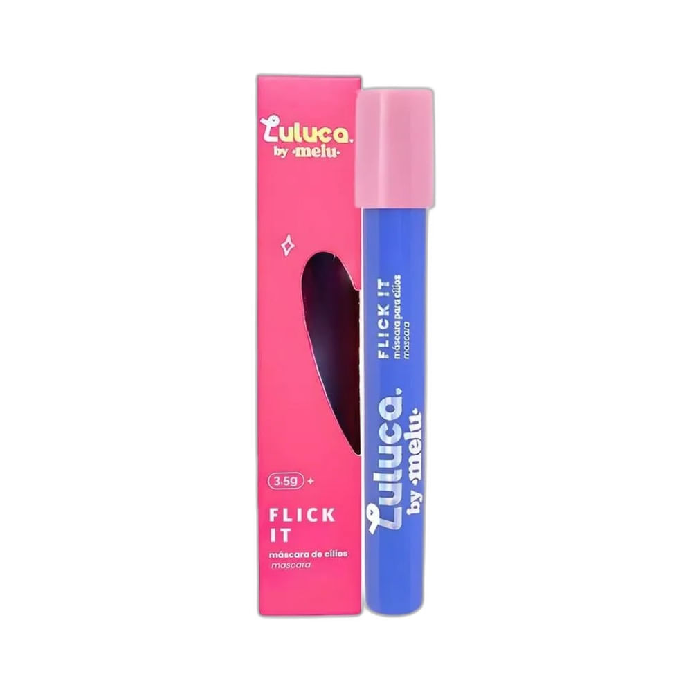 Máscara de cílios azul Melu Luluca com aplicador rosa mostrando detalhes do produto